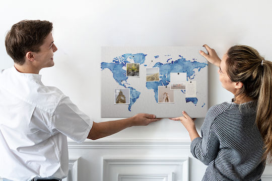 Cork Board Canvas Office World Map Watercolors 60x40 Cm