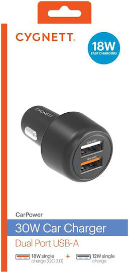 Cygnett Dual-port 30w Usb-a Car Charger Fast Charging Black