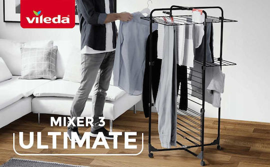 Vileda Mixer 3 Uscător de Rufe Pliabil de Pardoseală Inox cu Roți cu Lungimea Suportului de Uscare a Hainelor 30m