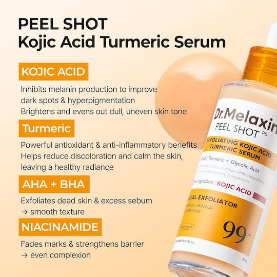 Dr. Melaxin Peel Shot Exfoliating Kojic Acid Turmeric Moisturizing Face Serum with Niacinamide & AHA for Brightening & Dark Spots 80ml