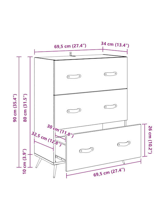 vidaXL Sideboard aus Holz & Metall mit Schubladen Eiche 69,5x34x90cm
