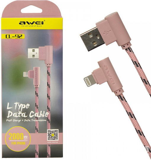 Awei CL-92 Angle (90°) / Braided USB to Lightning Cable Ροζ Χρυσό 1.2m