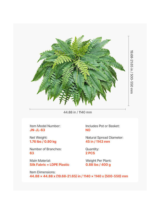 Vevor Artificial Boston Fern 114.3 Cm 63 Leaves Set Of 2 Pieces Indoor Outdoor Use