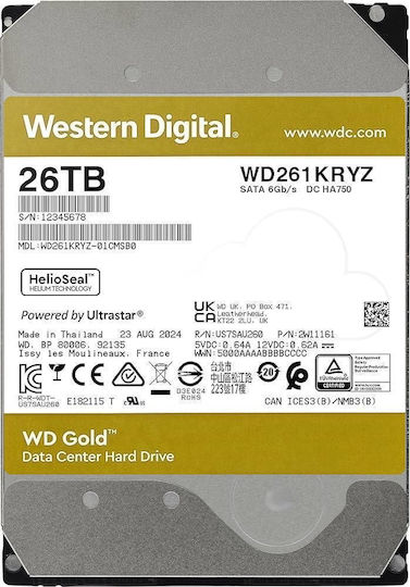 Western Digital Gold Enterprise Class 26TB HDD Σκληρός Δίσκος 3.5" SATA III 7200rpm με 512MB Cache για Server / Καταγραφικό WD261KRYZ