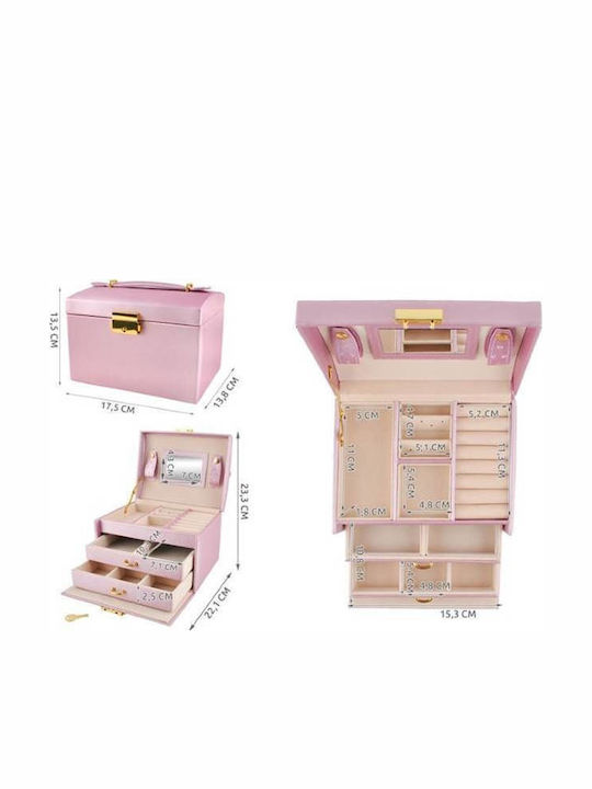 Casetă De Bijuterii De Călătorie Din Material Textil Cu Sertar Și Oglindă Roz 17.5x13.8x13.5cm
