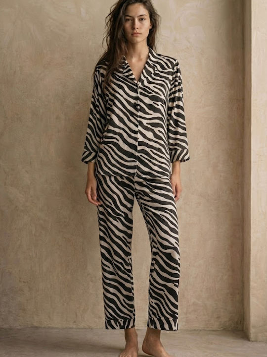 Seidige Feinstruktur Satin Pyjama 'Diodora' mit schwarzem Animal-Print