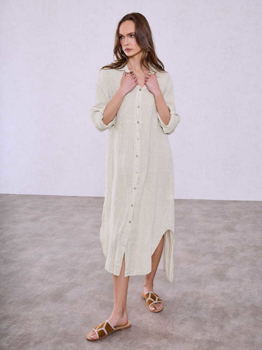 Celestino Damenkleid Midi Hemdkleid Leinen Loose Fit Beige