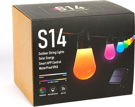 Set 15 Lămpi Solare Suspendate Ghirlandă 1.3W RGBW Bluetooth cu Fotocelulă și Telecomandă IP65