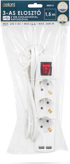 Steckdosenleiste 3-fach mit 2 USB-A, Schalter und Kabel 1,5 m