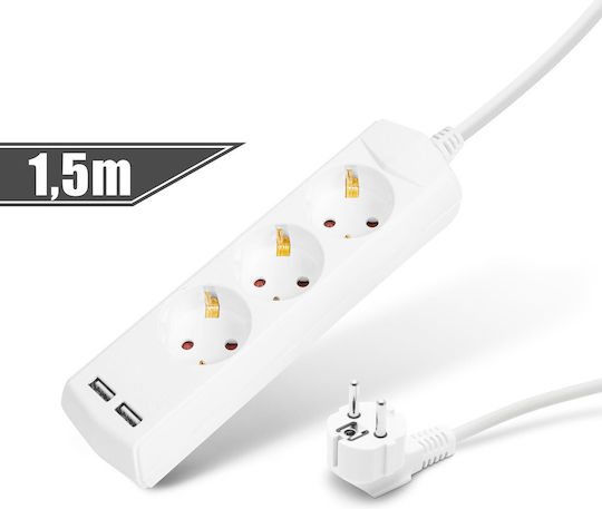Πολύπριζο 3 Θέσεων με 2 USB-A και Καλώδιο 1.5m