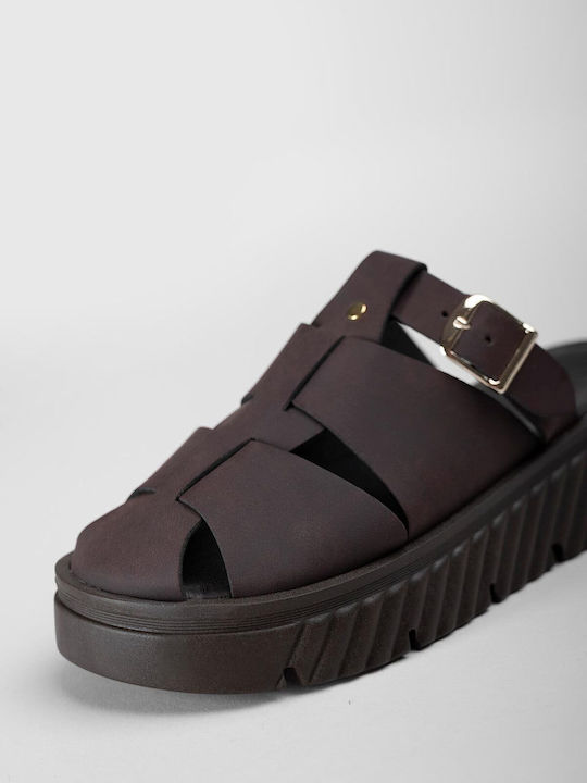 Sandale Casual Damă Flatforme Maro Din Piele