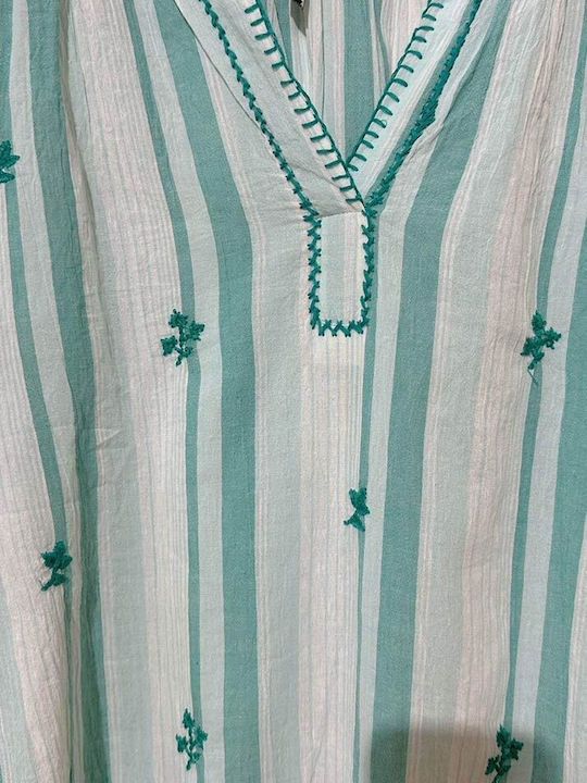 Cotton Tunic with 3/4 Sleeve with V-Neckline Striped Turquoise
