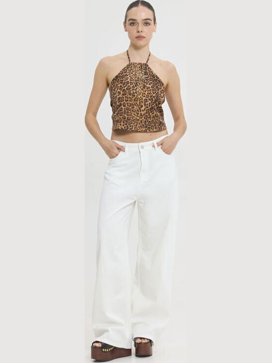 Women's Sleeveless Top with Tie at Neck Animal Print Brown Leopard