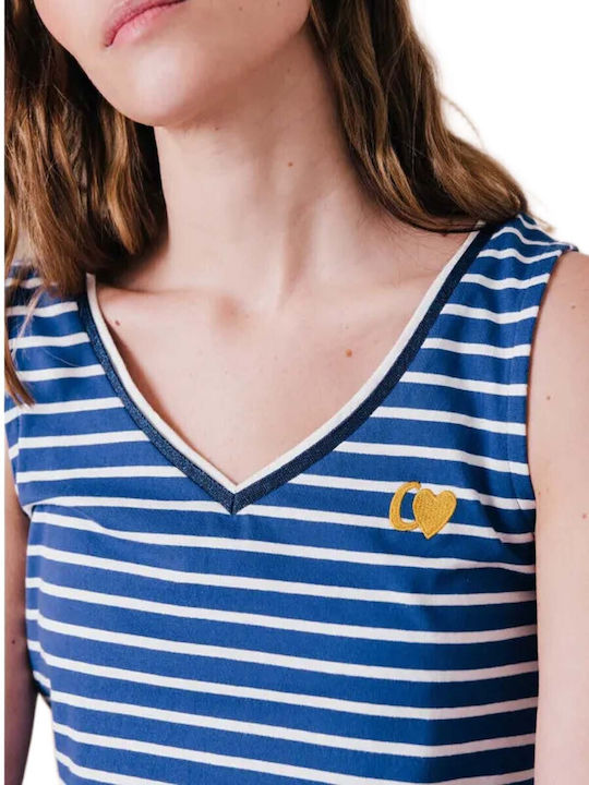 Damentop mit Spaghetti-Träger und V-Ausschnitt Gestreifte Blaue Indigo