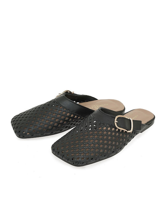 Flat Leather Mules in Black Colour