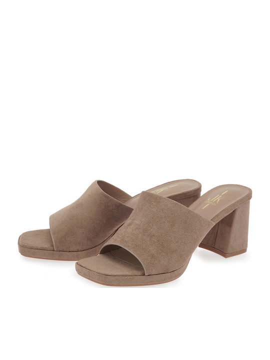 Suede Mules με Ψηλό Τακούνι σε Καφέ Χρώμα