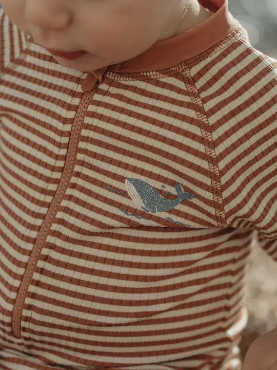 Little Dutch Kids One-Piece Swimsuit with Hat Ocean Brown Stripes