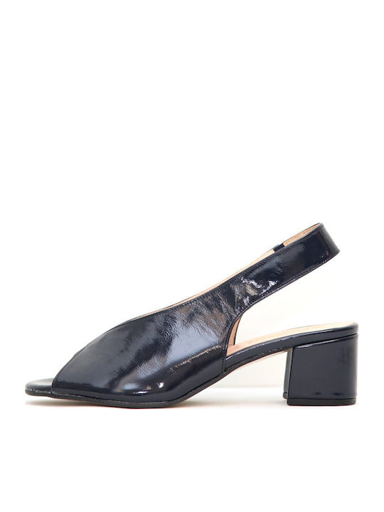 Δερμάτινες Peep Toe Γόβες με Μεσαίο Τακούνι Μπλε