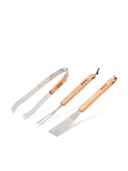 Set Unelte Grătar 3 Piese Mânere din Lemn Capete din Oțel Inoxidabil Carne Legume