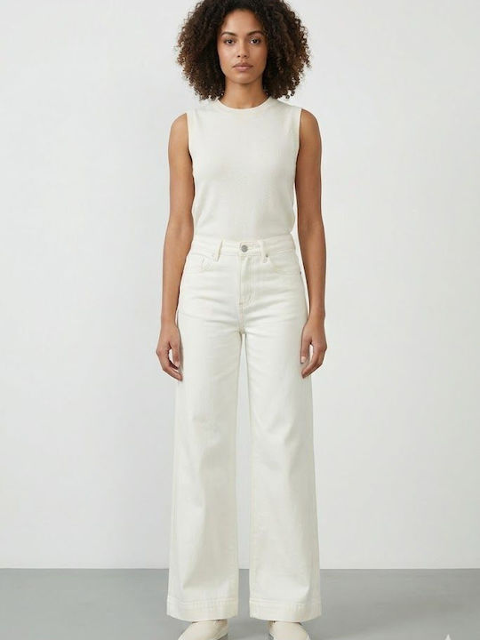 High Rise Women's Jean Pants in Wide Leg White