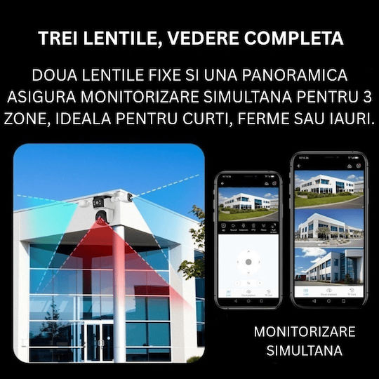 Taggo TAG621-WIFI-9MP Cameră de Supraveghere IP Triplu Wi-Fi 9MP Impermeabilă cu Baterie cu Comunicare Bidirecțională și Obiectiv 4mm