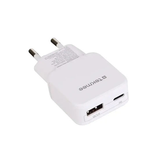 Tekmee Wireless Charger with USB-A Output Port and USB-C Output Port 20W White