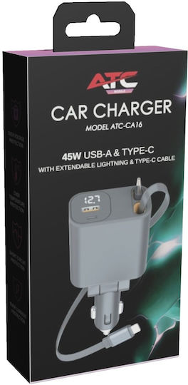 ATC Car Charger 45W with Ports 1xUSB 1xType-C with Type-C / Lightning Cable Black Colour
