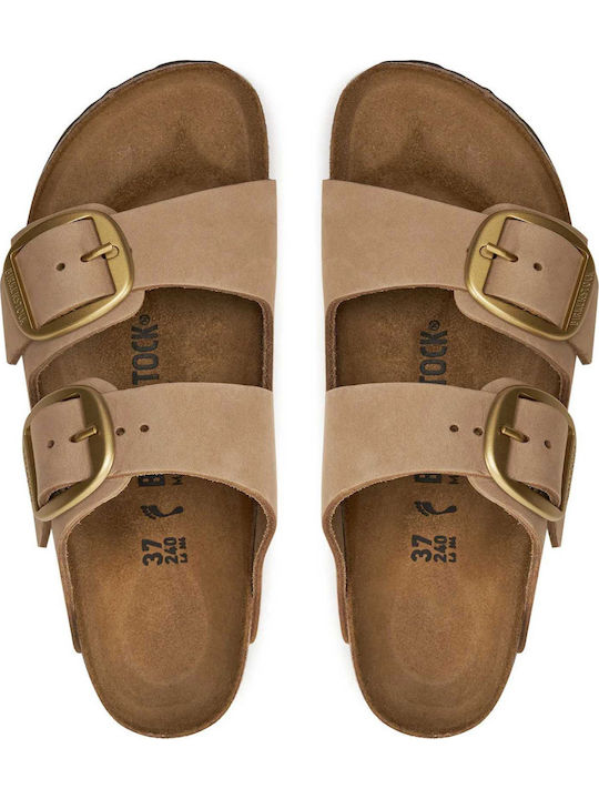 Arizona Big Buckle Leather Women's Flat Sandals in Beige Color Narrow Fit