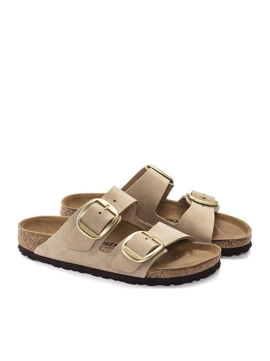 Arizona Big Buckle Leather Women's Flat Sandals in Beige Color Narrow Fit