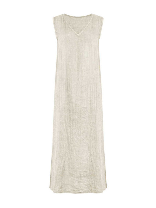 Celestino Damen Maxi Leinen Kleid Mit Taschen Locker Sitzt Beigefarben
