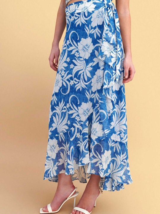 Denim Maxi Skirt Floral Blue