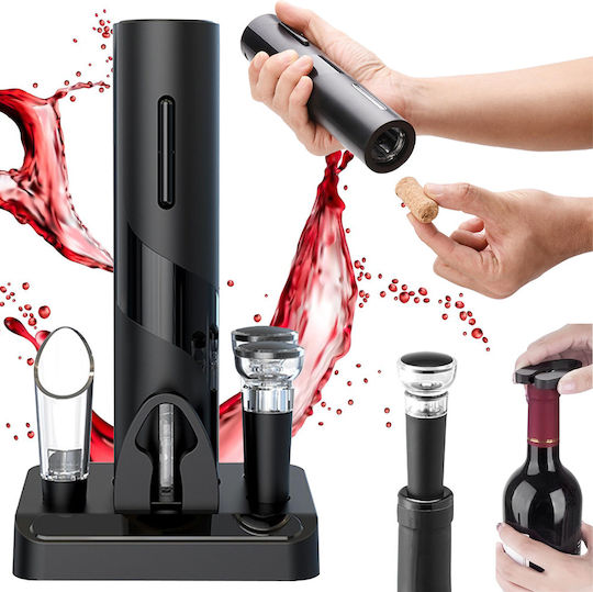 Kesnup Set Tirbușon Electric 6 Accesorii Vin Include Deschizător Electric Tăietor Folie Aerator De Turnare 2 Pompe Vid Dopuri Suport Ergonomic Alimentat De 4 Baterii Aa Material Abs Premium Negru