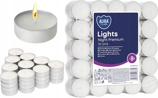 Aura Glass Lumânări Mici în Culoare Albă (până la 8 Ore de Ardere) 50 Bucăți