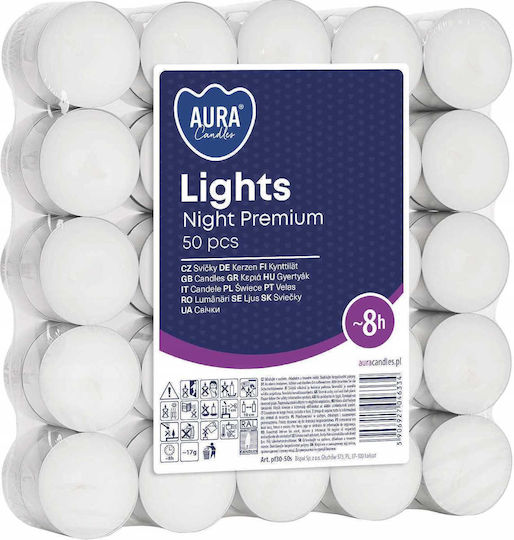 Aura Glass Lumânări Mici în Culoare Albă (până la 8 Ore de Ardere) 50 Bucăți