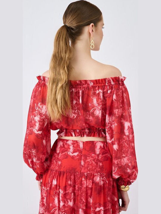 Women's Crop Top Off-Shoulder Long Sleeve Floral Red
