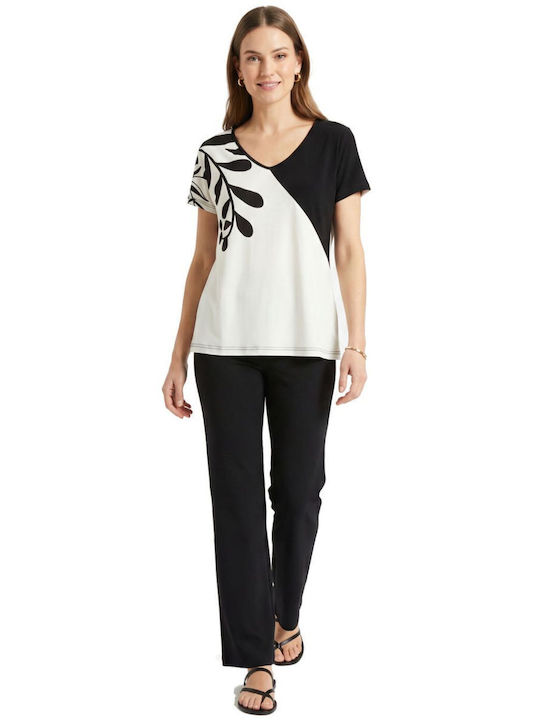 Women's Blouse with V-Neckline Floral Black and White