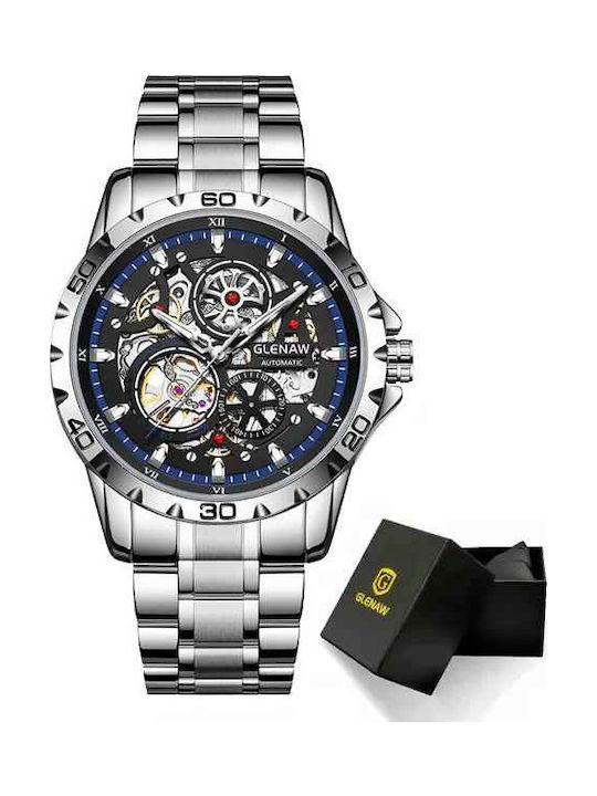 Glenaw Ceas Barbatesc 43mm Automat cu Brățară din Metal Argintie