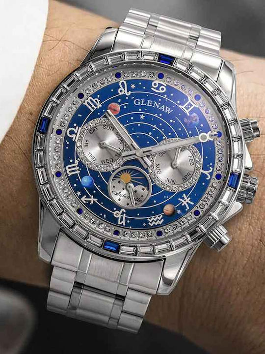 Glenaw Ceas Barbatesc 43mm Automat cu Brățară din Metal Argintie