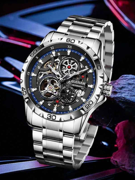 Glenaw Ceas Barbatesc 43mm Automat cu Brățară din Metal Argintie