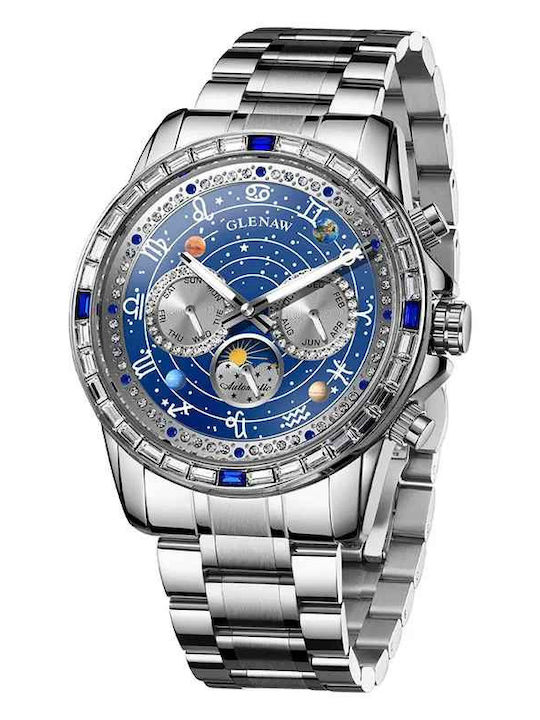 Glenaw Ceas Barbatesc 43mm Automat cu Brățară din Metal Argintie