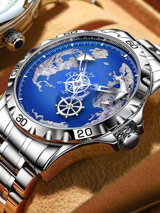Glenaw Ceas Barbatesc 43mm Automat cu Brățară din Metal Argintie