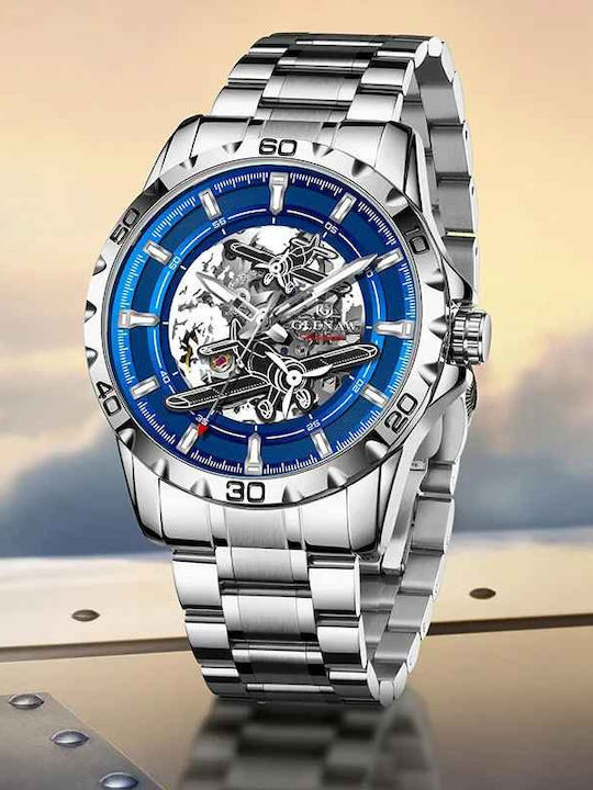 Glenaw Ceas Barbatesc 43mm Automat cu Brățară din Metal Argintie