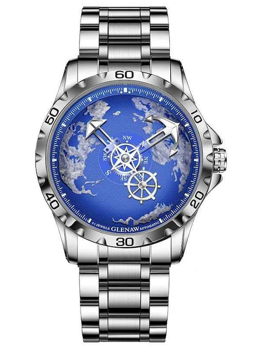 Glenaw Ceas Barbatesc 43mm Automat cu Brățară din Metal Argintie