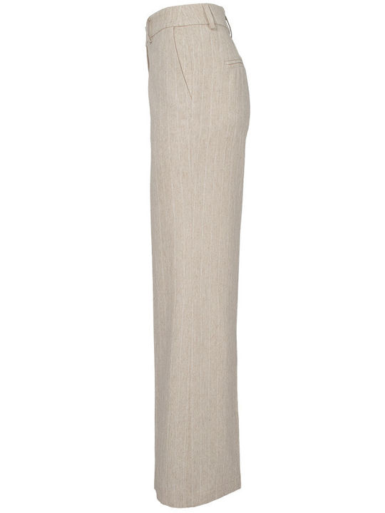 Pantaloni Dama Lin High Rise Evazați Cu Dungi Bej