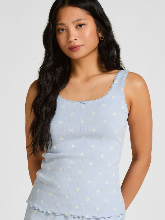 Hunkemöller Sommer Damen Schlafanzug Bluse Blau Pointelle
