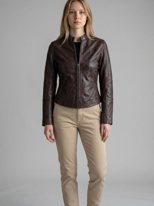 Leder Damenjacke für Winter Rotbraun