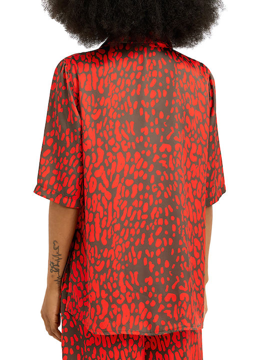 Dolce Domenica Damen Bluse Satin Kurzärmelig Rot-Schwarz Dolce Domenica Damen Bluse Satin Kurzärmelig Rot-Schwarz