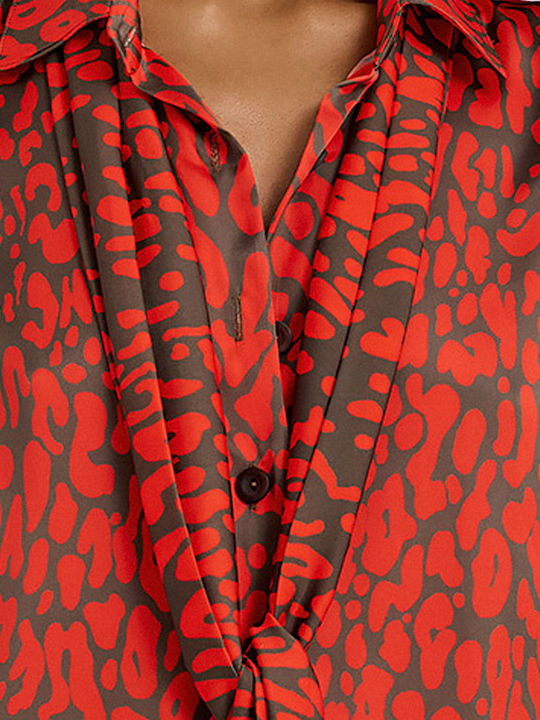 Women's Satin Short Sleeve Blouse Red-Black