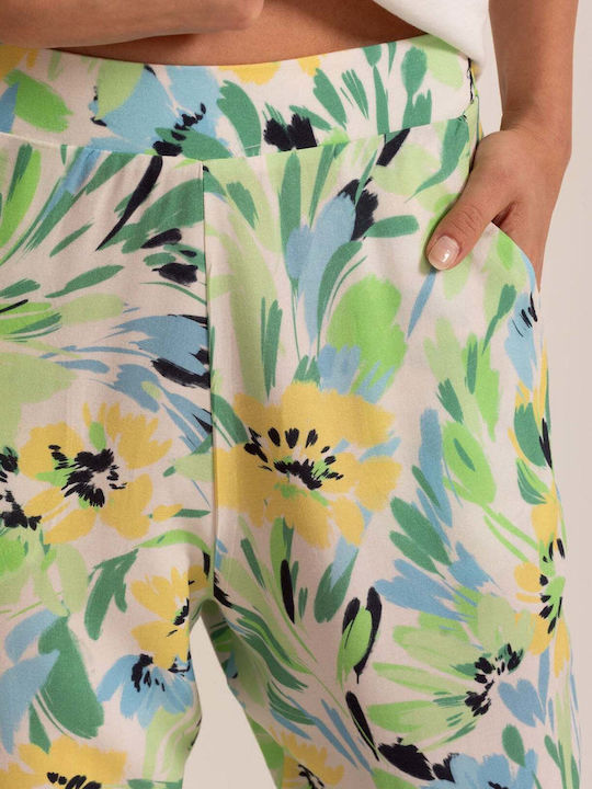 Damen Stoff Capri Hose in Lose Passform Blumen Grün