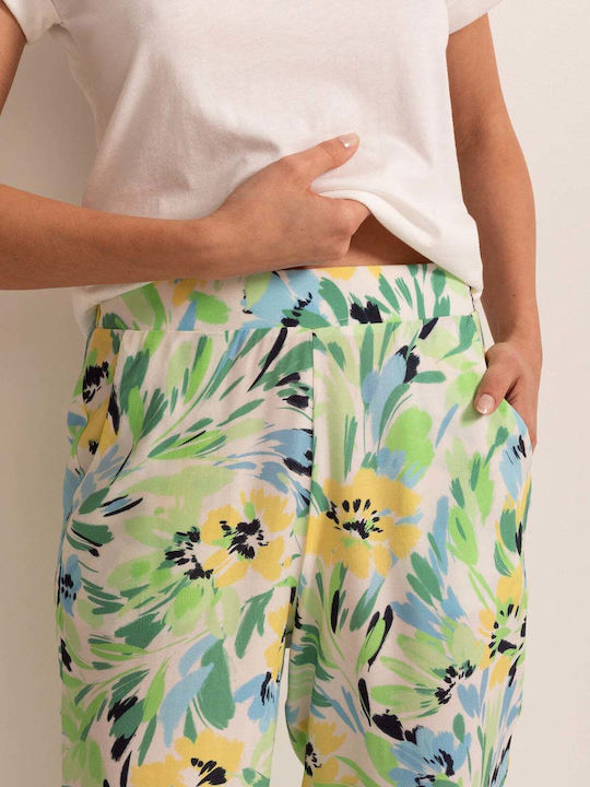 Damen Stoff Capri Hose in Lose Passform Blumen Grün
